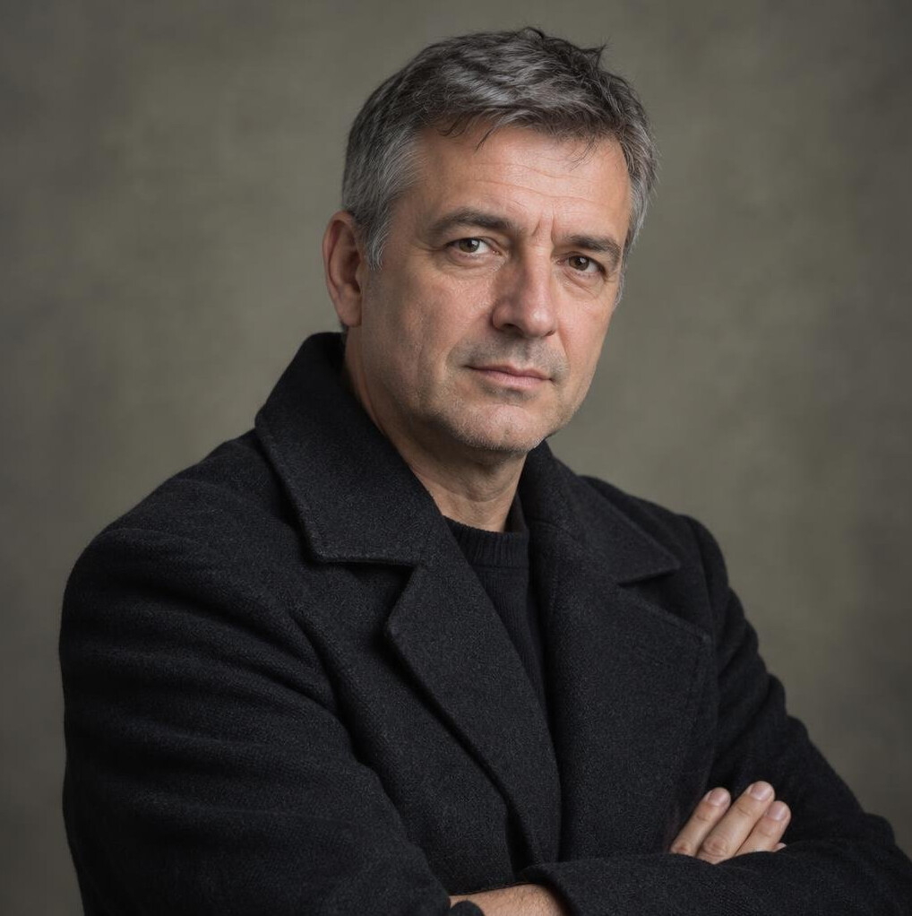 Portrait of a middle-aged Croatian male novelist in a dark coat
